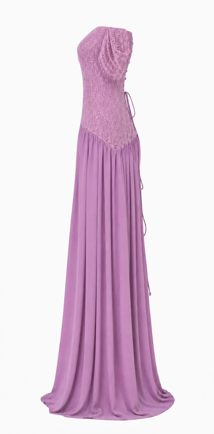 The side profile of a Joie Couture limited gown, showing its panelled construction