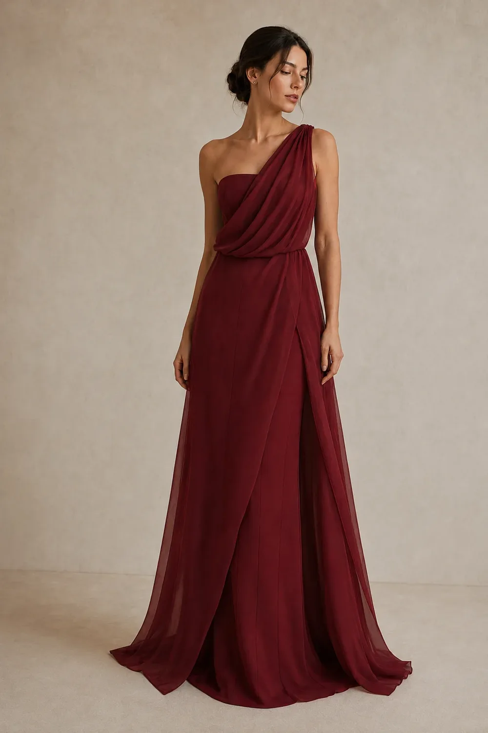A model wearing the Joie Couture one-shoulder draped gown in deep maroon, photographed against a pale ivory studio ground