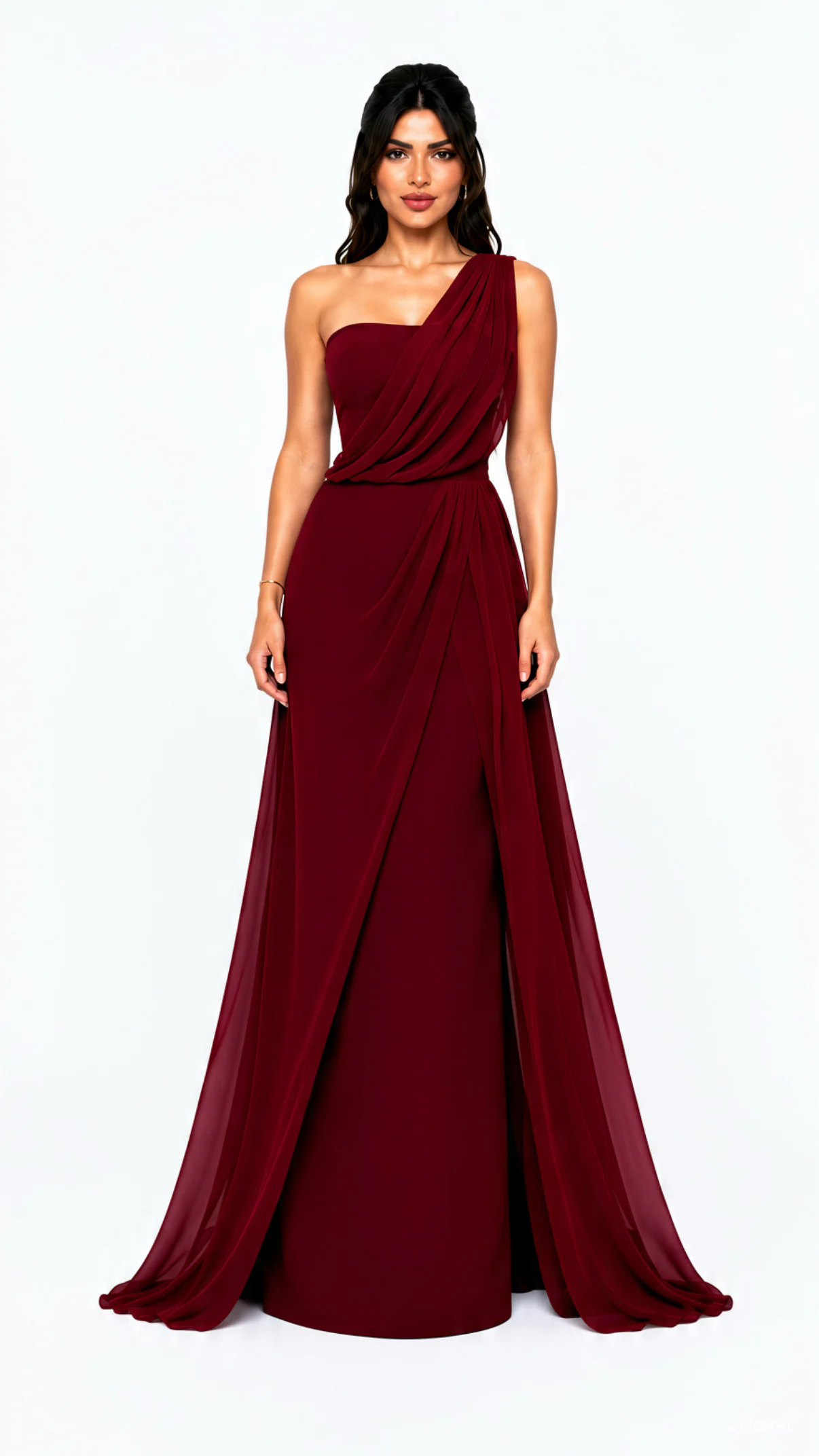 A Joie Couture one-shoulder draped gown in deep maroon, photographed full length against a pale studio ground
